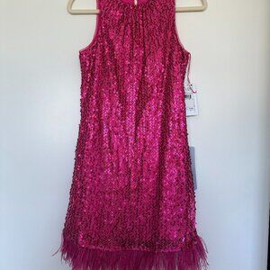 BRAND NEW Hot Pink Sequin Dress with Feather Trim, Size: 4